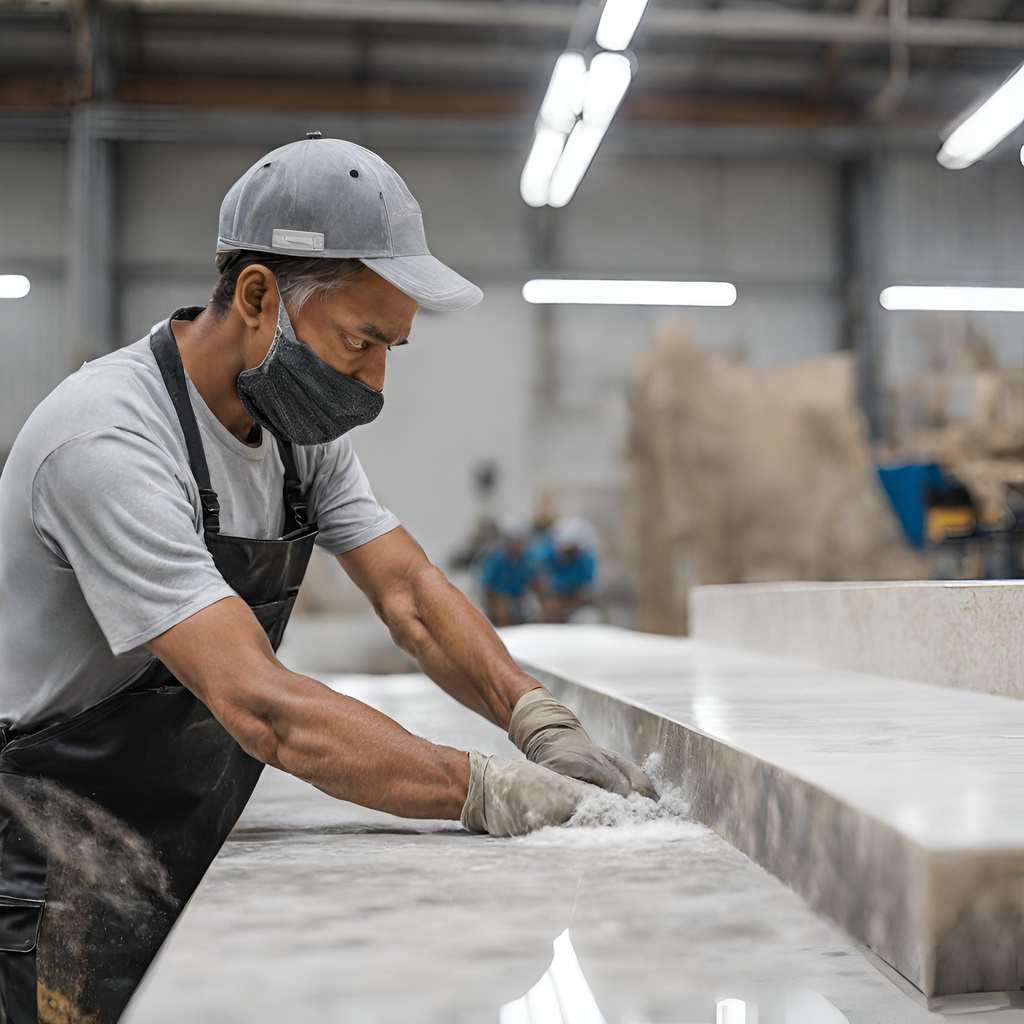 a person in an apron is working on a marble countertop